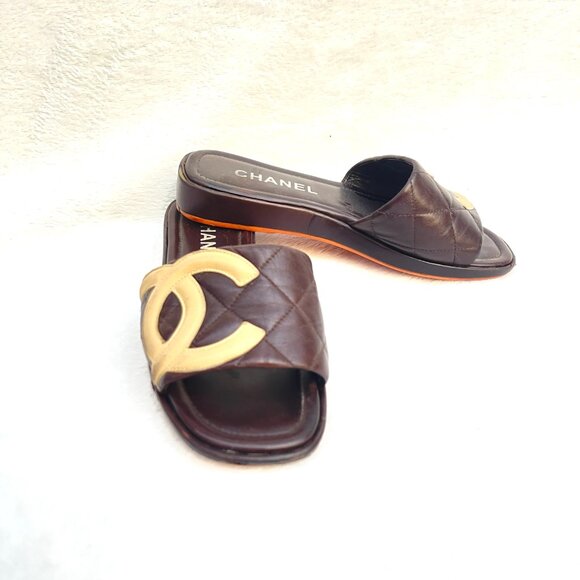 Auc Chanel Cambon Quilted Slides with Beige Interlocking CC in Brown IT 36 - Picture 7 of 10